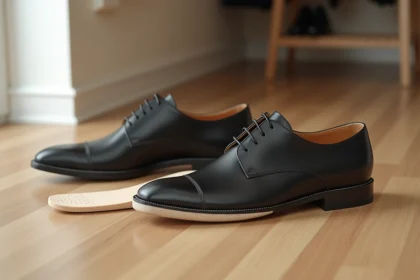Semelle orthopédique discrète pour épine calcanéenne posée à côté de chaussures de ville Oxford noires sur parquet en bois