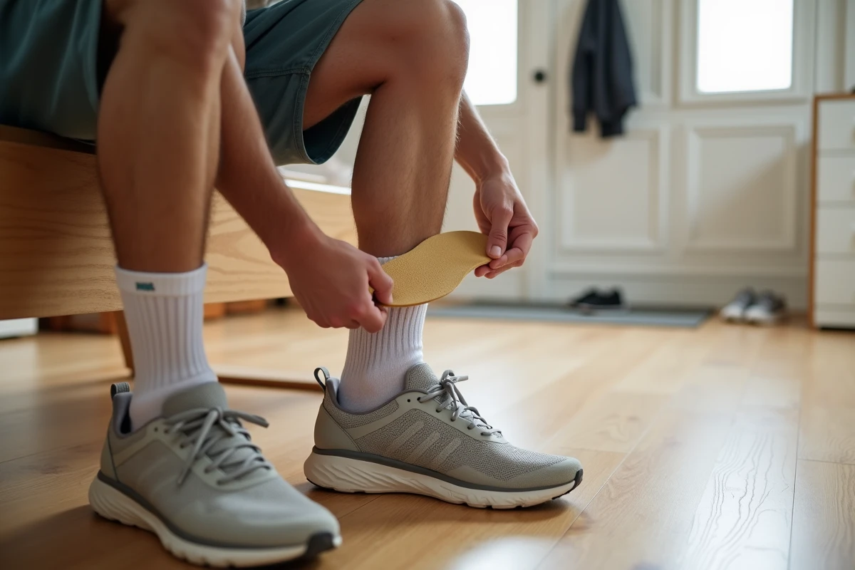 Homme insérant une semelle thermoformée correctrice dans une chaussure de sport pour corriger un pied plat