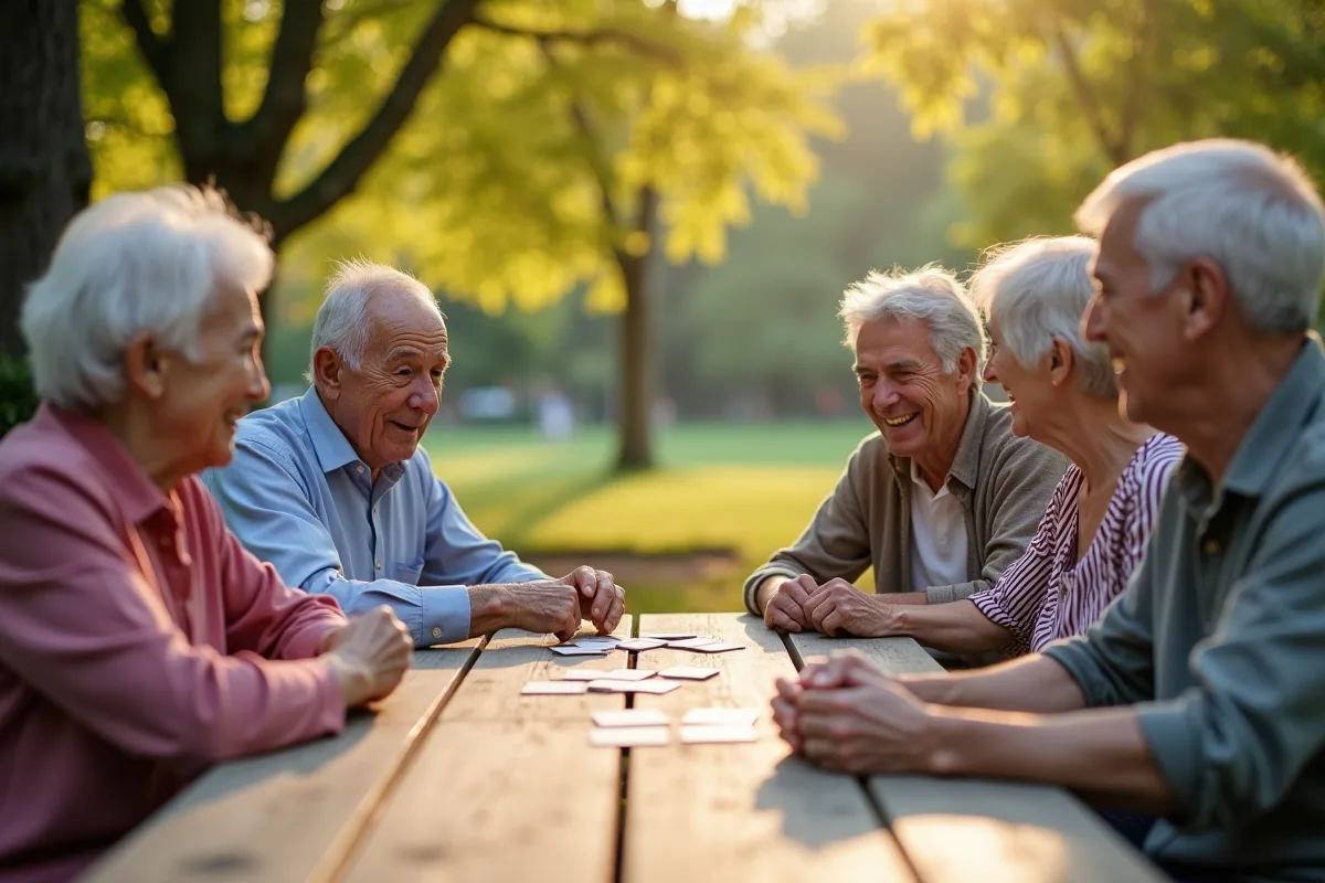 Groupe de seniors jouant à un jeu de mémoire en plein air