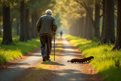 Homme âgé marchant avec une canne dans un parc ensoleillé avec procession de chenilles