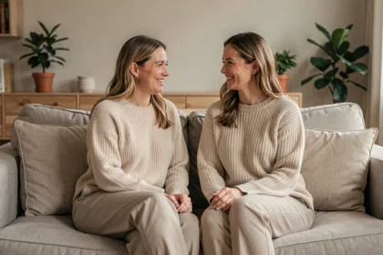 Deux sœurs souriantes assises ensemble dans un salon chaleureux, illustrant la transformation et le parcours des sœurs Slaton