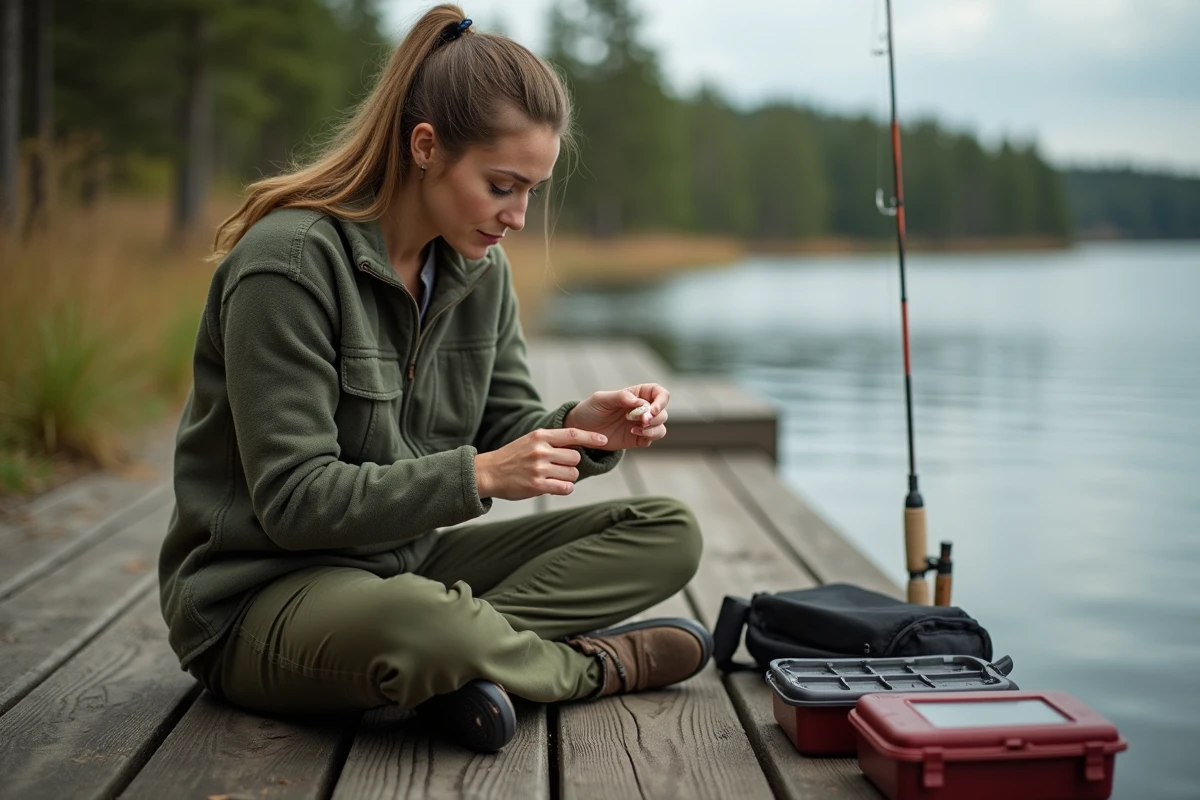 Femme soignant une blessure à la main causée par une dent de brochet sur un ponton de pêche