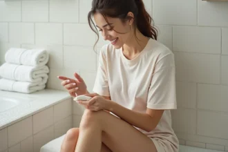 Femme appliquant du gel d'aloe sur la cuisse dans une salle de bain