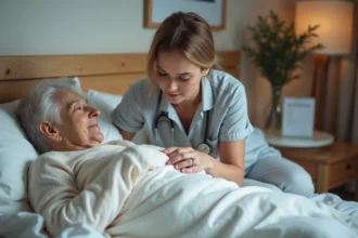 Aide-soignante dans une chambre chaleureuse avec une personne âgée
