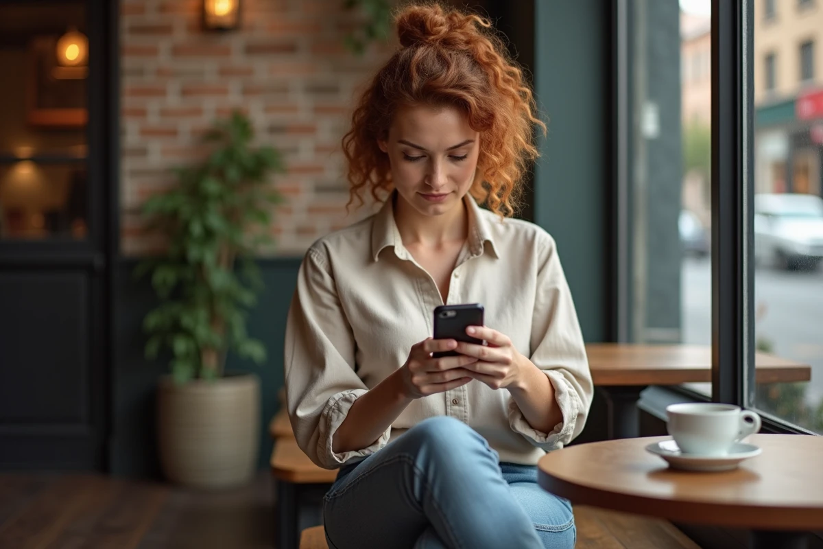 Jeune femme vérifiant son abonnement numérique à Psychologie Positive sur smartphone dans un café parisien