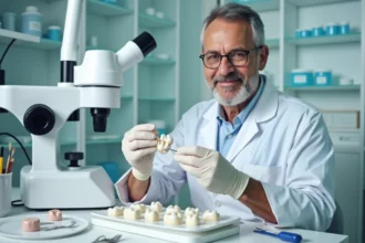 Technicien dentaire middleaged manipulant une couronne en céramique