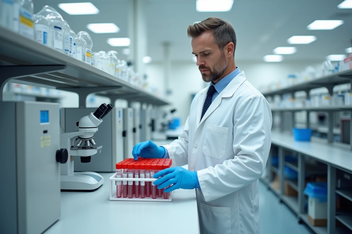 Technicien de laboratoire analysant des échantillons sanguins pour détecter les anticorps IgG anti-VCA et anti-EBNA du virus Epstein-Barr