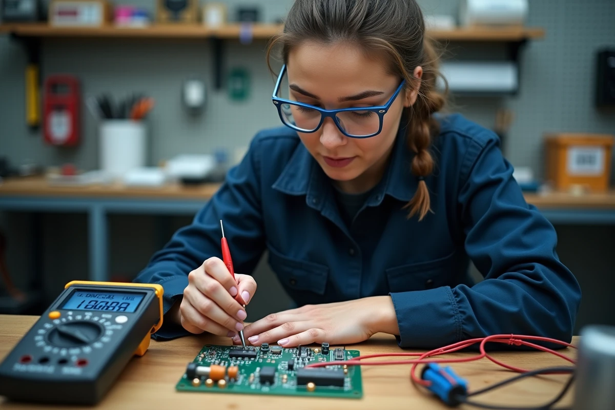 Technicienne électronique mesurant une tension inconnue avec un multimètre sur un circuit en breadboard en atelier