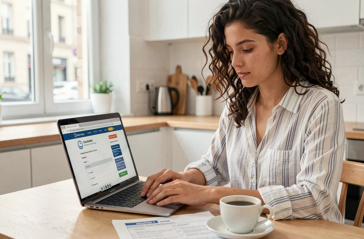 Jeune femme téléchargeant un dossier MDPH en ligne depuis son ordinateur portable dans une cuisine moderne