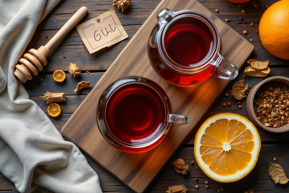 Vue de dessus d'une théière en verre contenant du rooibos infusé entourée de feuilles séchées et de miel, composition editoriale sur bois brut