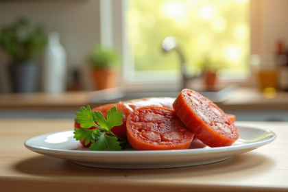 Tranche de chorizo cuit sur assiette blanche avec persil