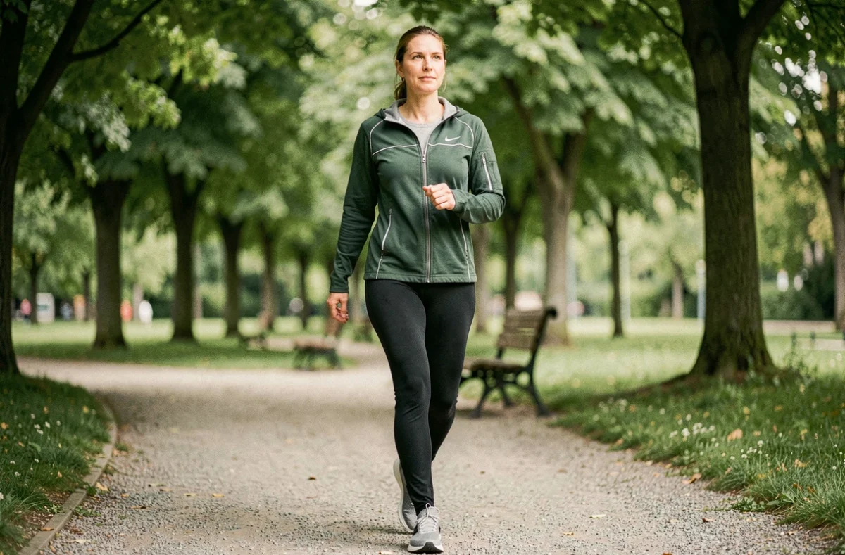 Femme adulte marchant avec confiance dans un parc verdoyant, symbolisant le parcours de transformation physique et personnelle