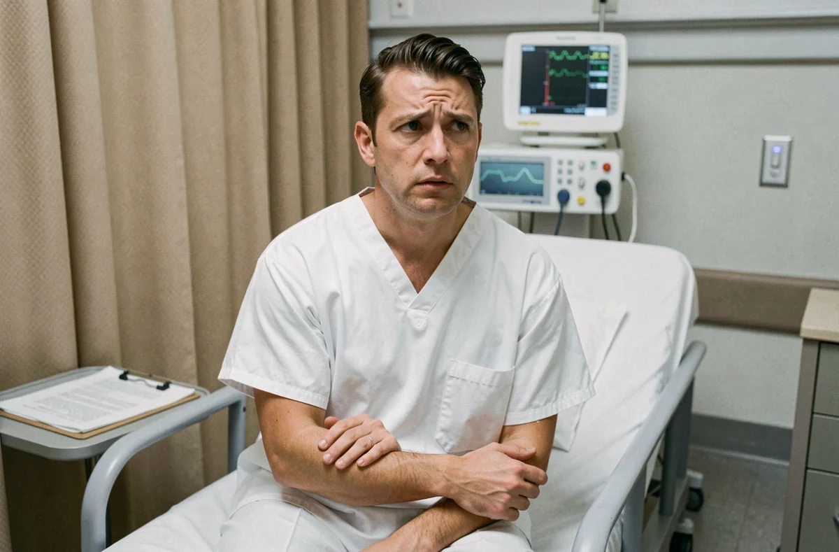 Patient aux urgences assis sur un lit d'examen avec un regard anxieux tenant son bras en raison de fourmillements